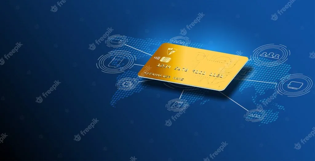 Cartão dourado sobre mapa de conexões digitais